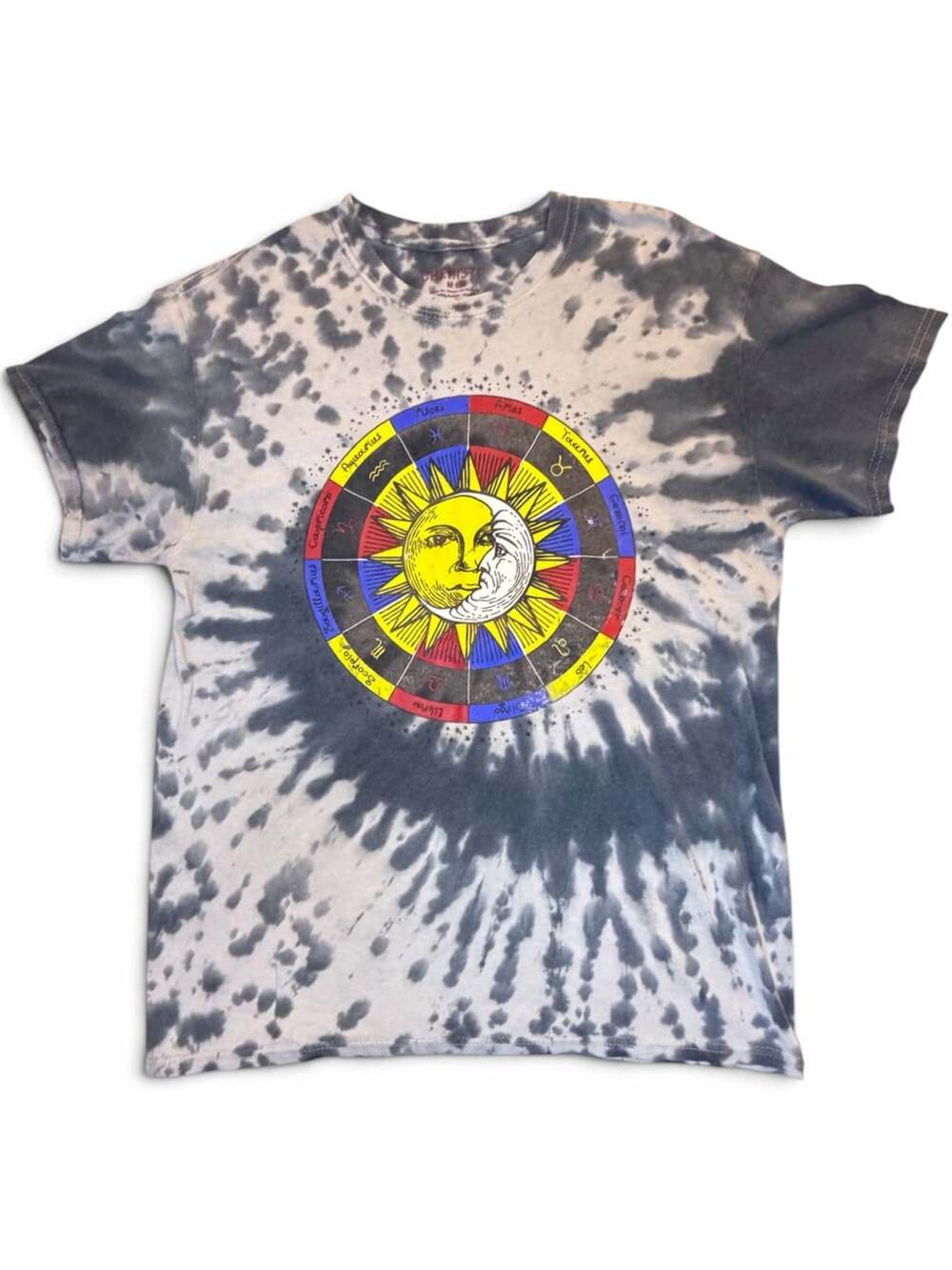Chemistry, blue tie dye sun and moon zodiac signs